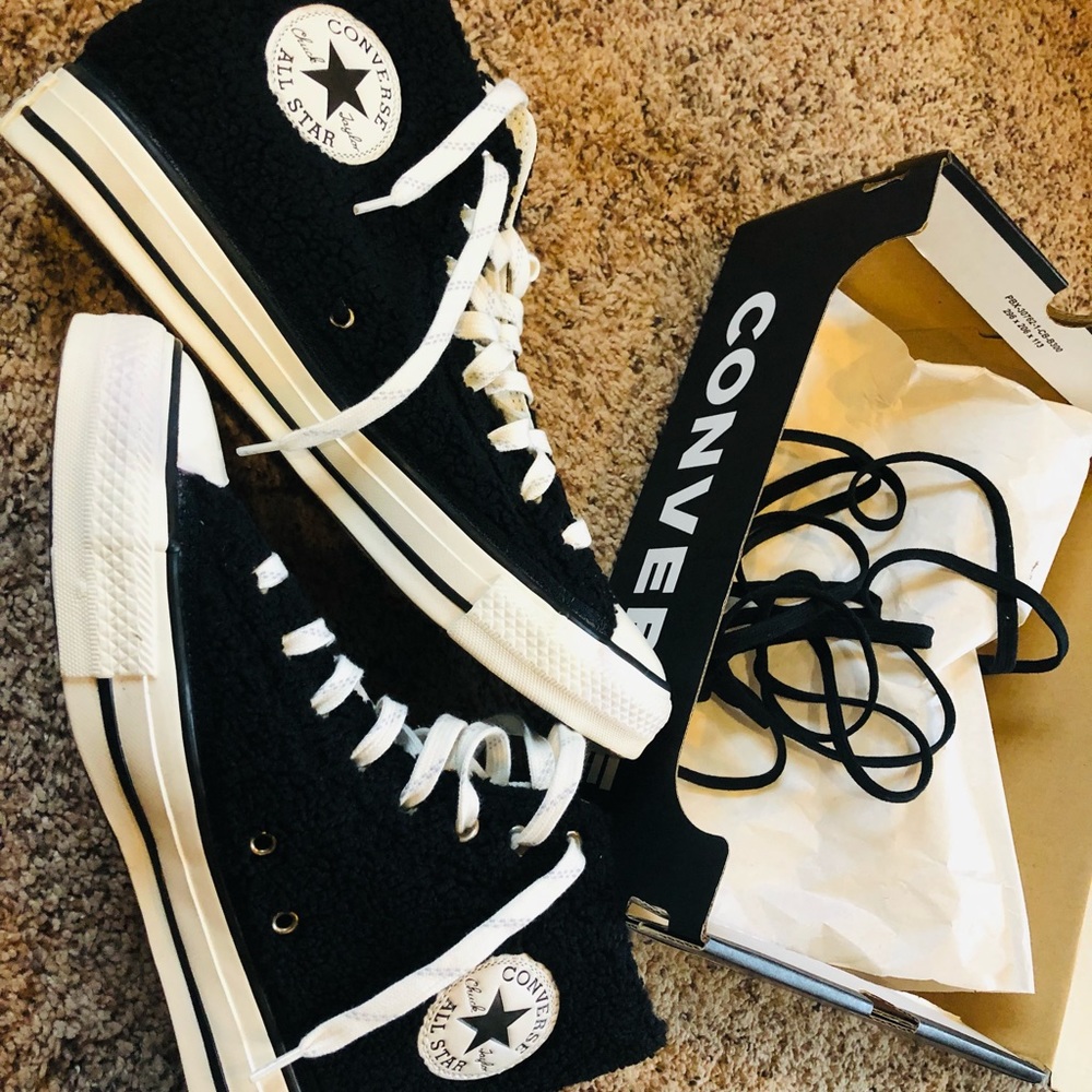 Black fuzzy Converse Chucks hi high tops NEW
